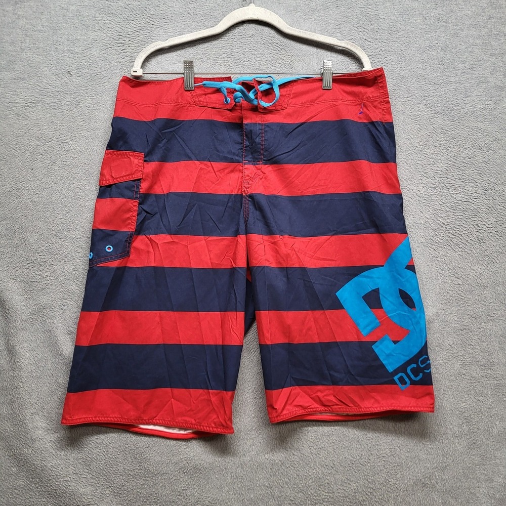 DC Shoes Men Shorts 36 Red Swimwear Striped Board Shorts Logo Drawstring 12"